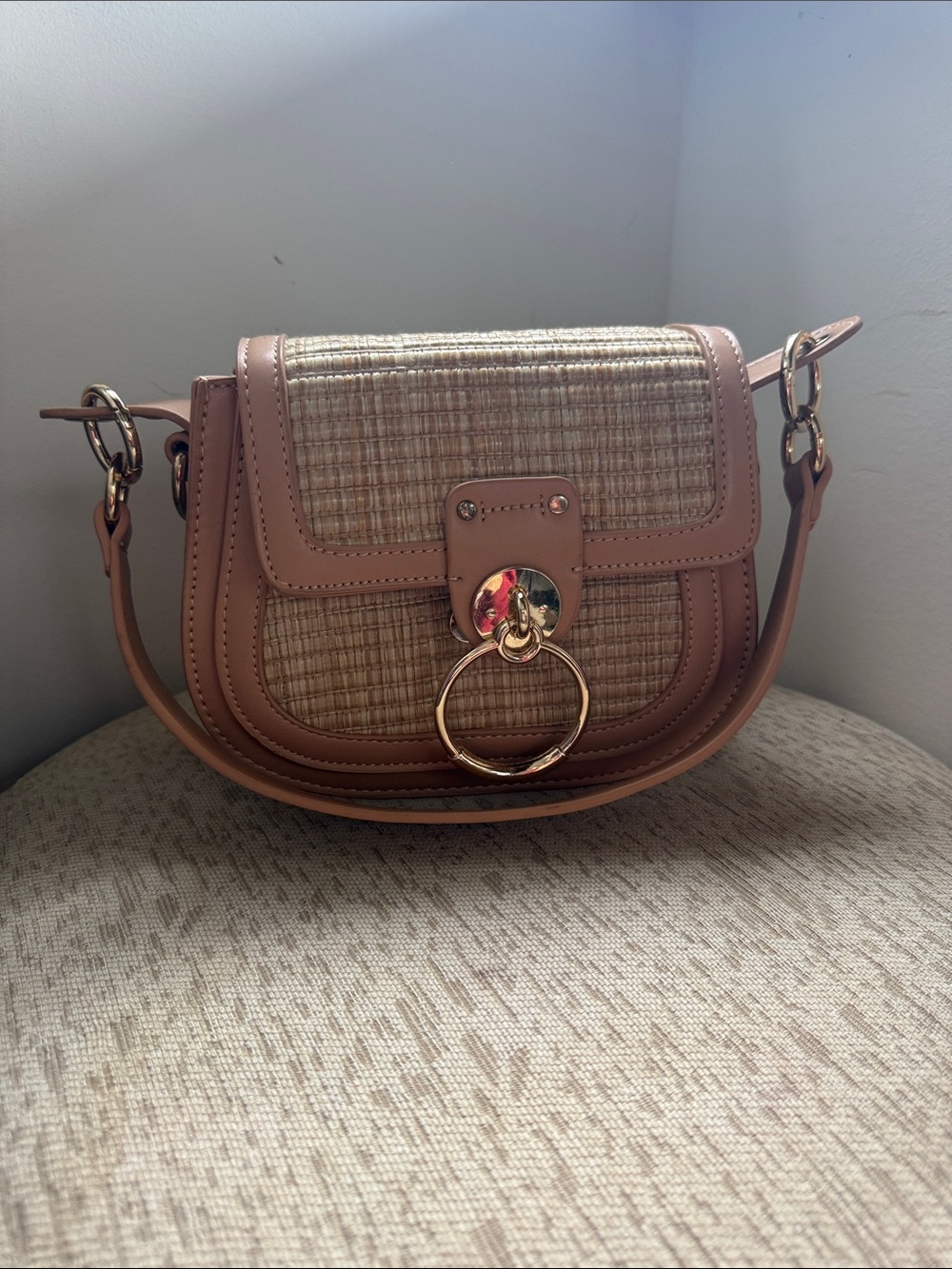 Woven Panel Saddle Crossbody Bag in Brown